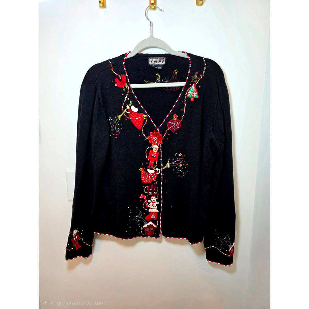 Berek 2 Takako Sakon Christmas Cardigan Sweater Button Embellished Beads XL